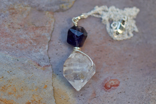 Double Termination Tibetan Quartz Crystal, Iolite, Thai and Sterling Silver Pendant Necklace