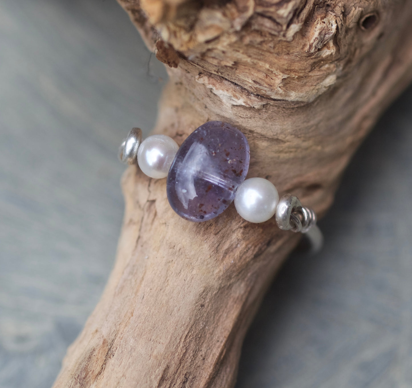 Iolite, Freshwater Pearl, and Sterling Silver Ring, size 8