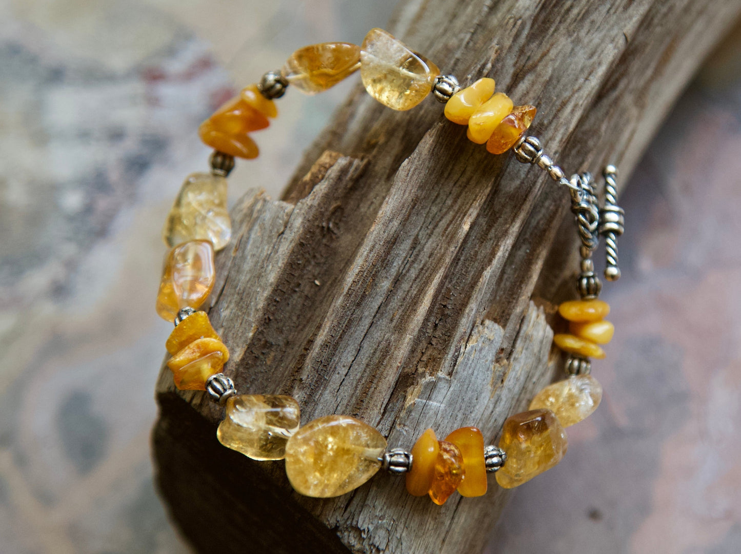 Citrine, Amber, and Sterling Silver Bracelet to fit a size 7.25" wrist