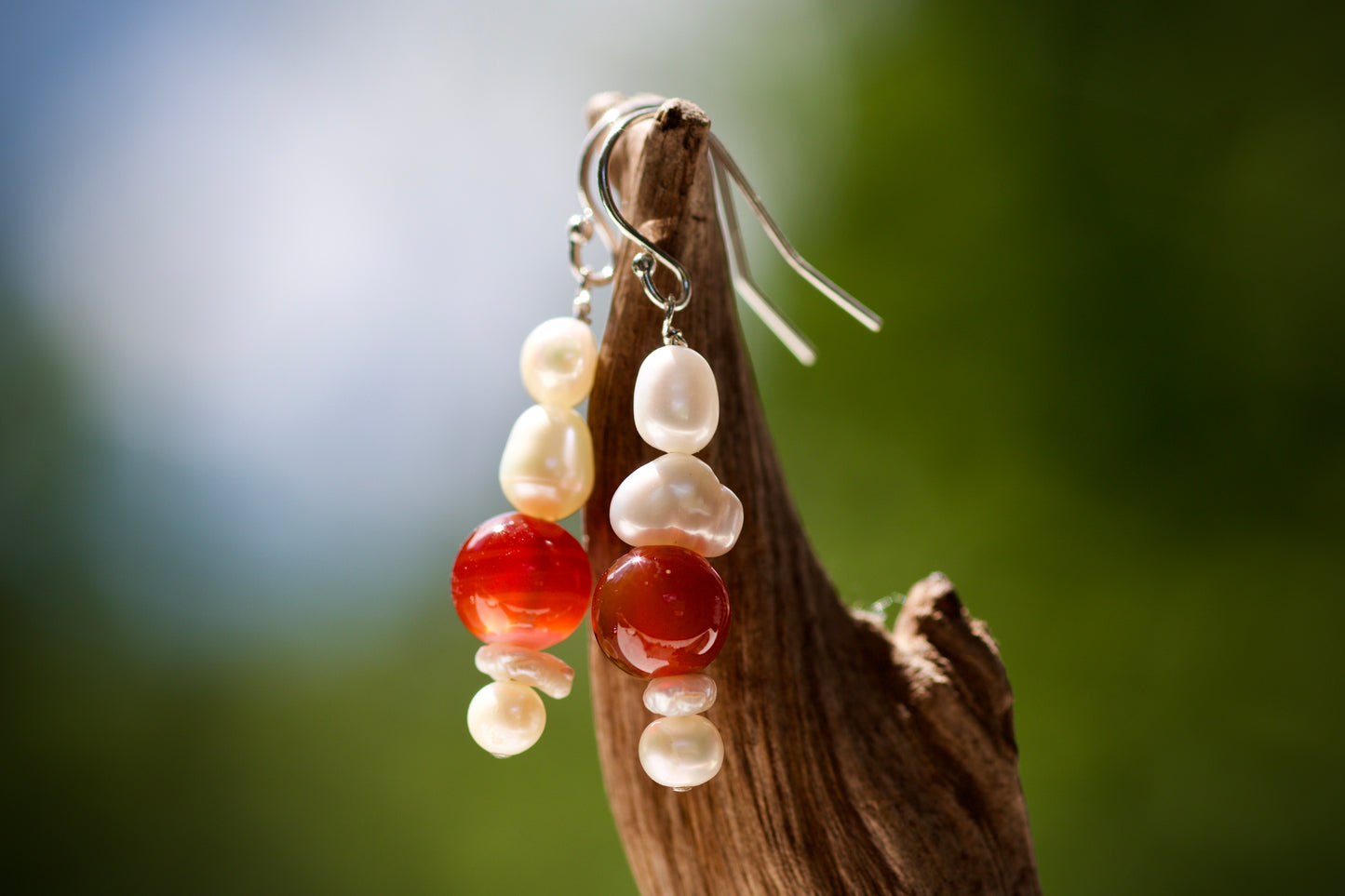 Freshwater Pearl, Carnelian, and Sterling Silver Earrings