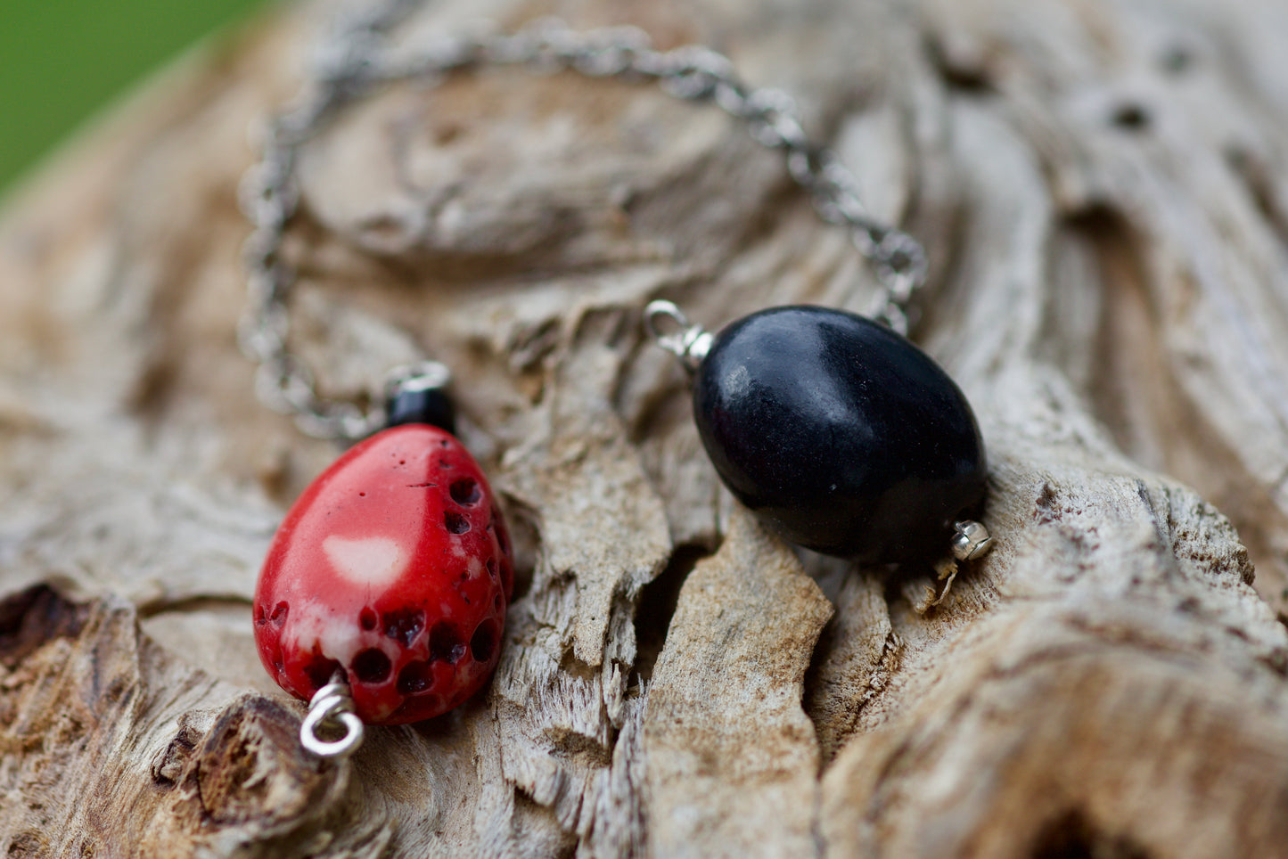 Jet, Obsidian, Red Coral, Thai and Sterling Silver Double-sided Pendulum
