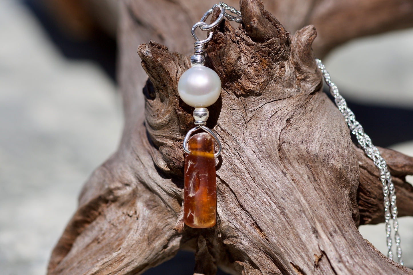 Freshwater Pearl, Orange Kyanite, and Sterling Silver Pendant Necklace