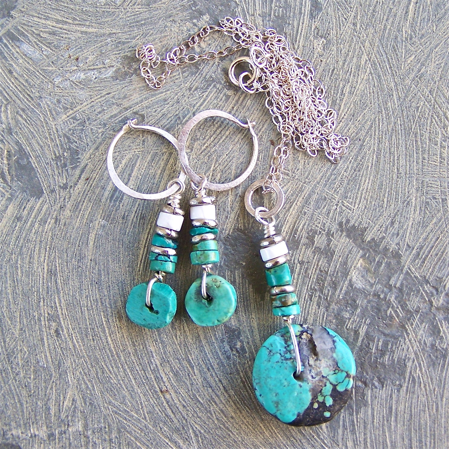 Turquoise, White Howlite, Nickel, Sterling Silver Hoop Earrings and Pendant Set