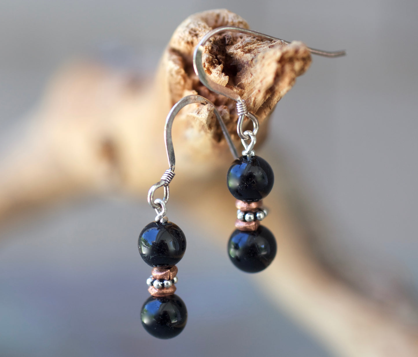 Black Onyx, Copper, and Sterling Silver Earrings