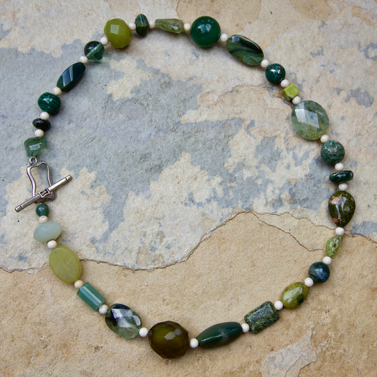 Green Stones, Bone, and Sterling Silver Necklace