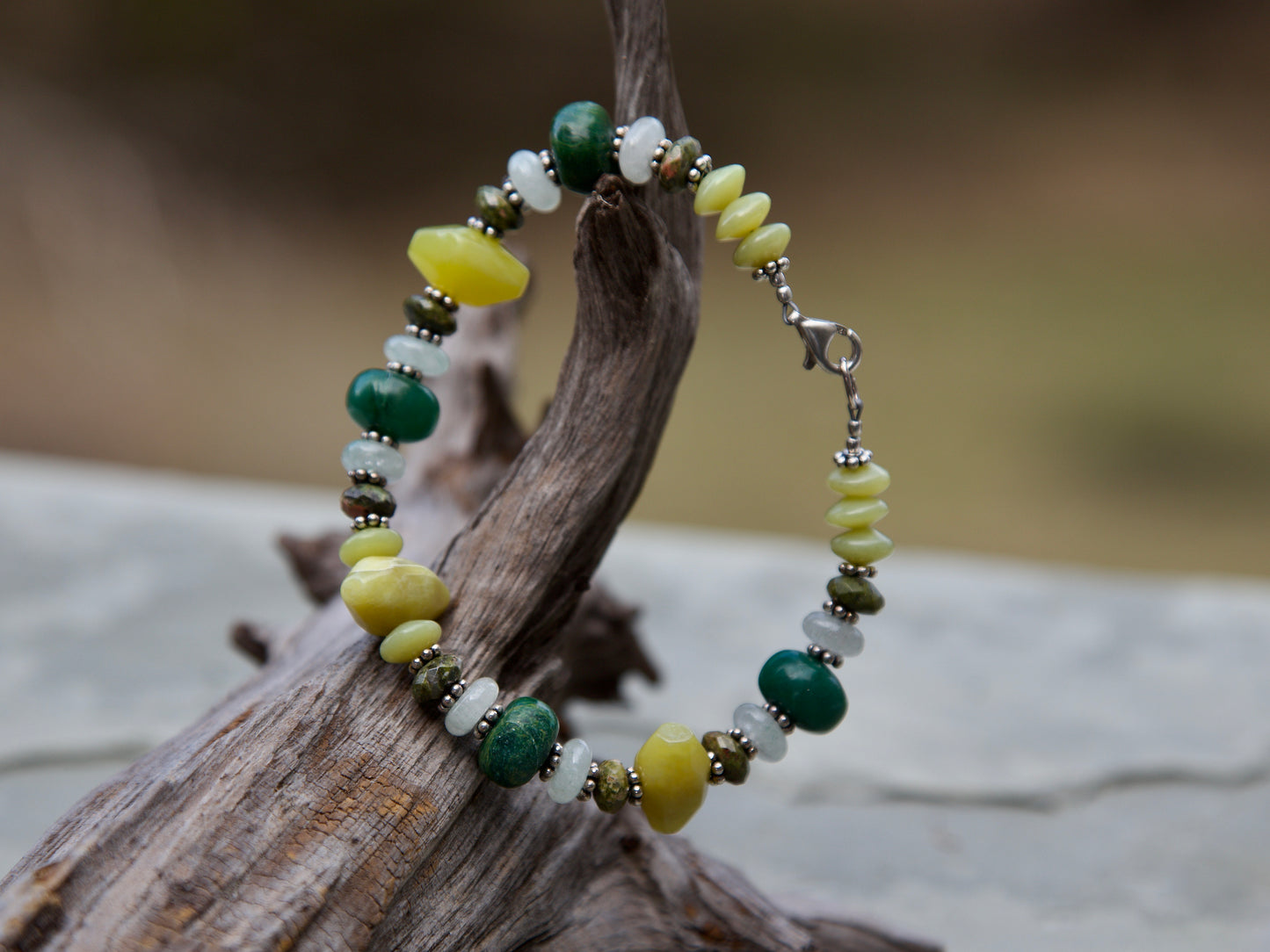 Shades of Green Stone and Sterling Silver Bracelet to fit a 7.75" wrist