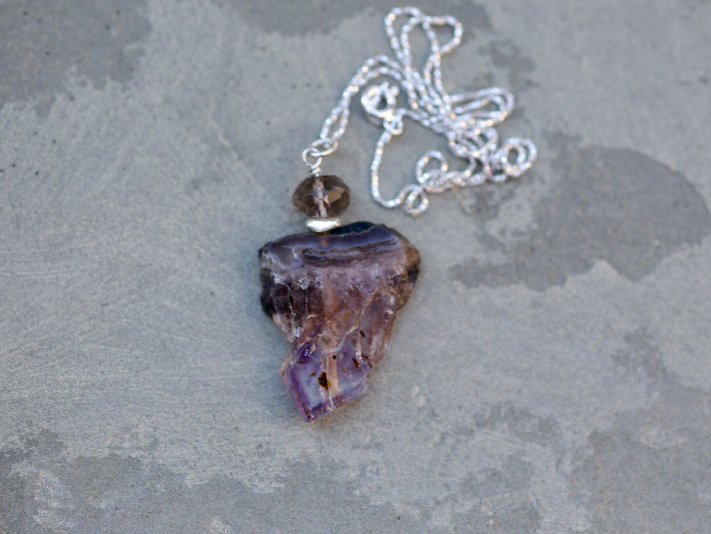 Polished Amethyst Slice, Smoky Quartz, Thai and Sterling Silver Pendant Necklace