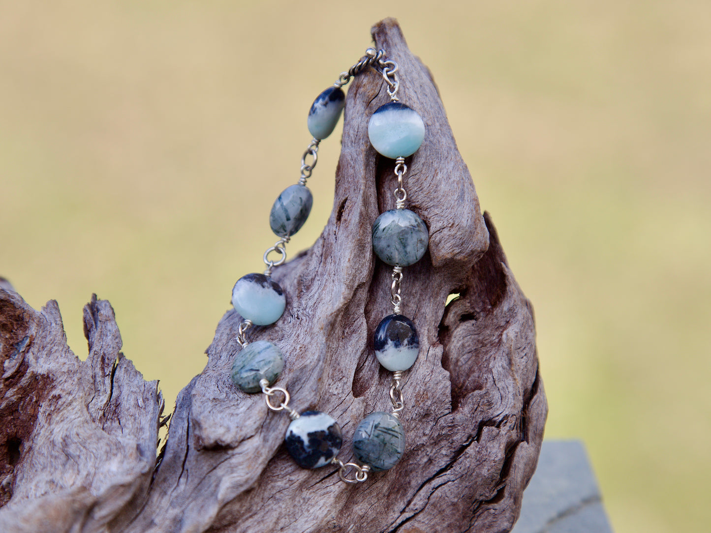 Sale! Pyrite in Amazonite, Tourmalinated Quartz, and Sterling Silver Bracelet, to fit a 7.5 inch wrist