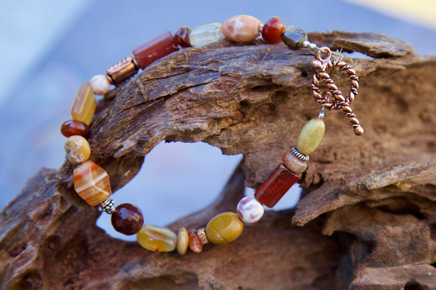 Orange Stones, Sterling Silver, and Copper Bracelet to fit an 8 inch wrist