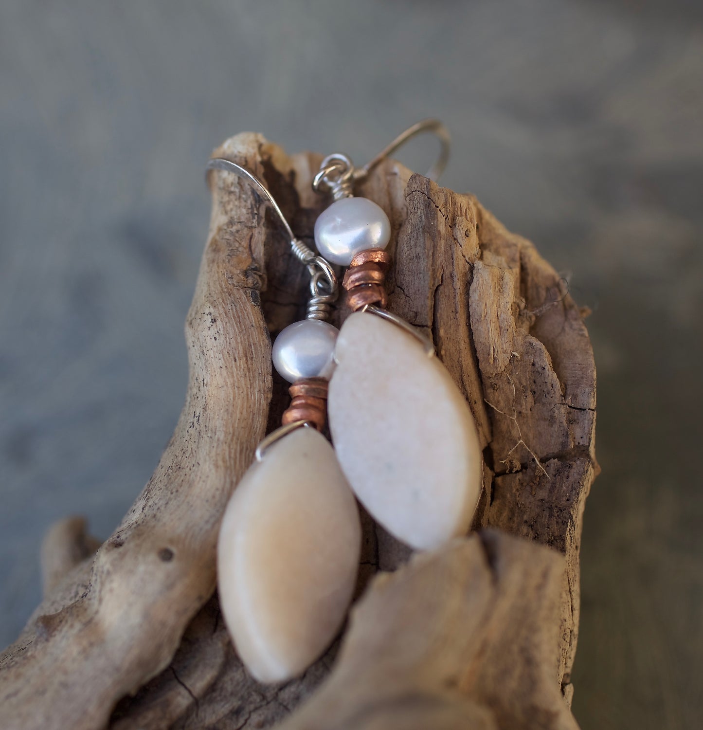 Sale! Freshwater Pearl, Copper, Peach Quartz, and Sterling Silver Earrings