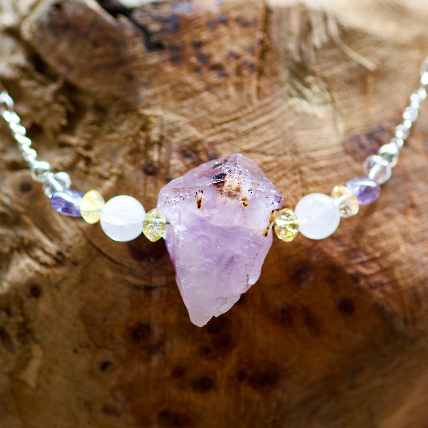 Amethyst Crystal Point with Inclusions, Clear Quartz, Milky Quartz, Iolite, and Sterling Silver Necklace