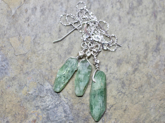 Handcut Green Kyanite, Thai and Sterling Silver Earrings and Pendant Set