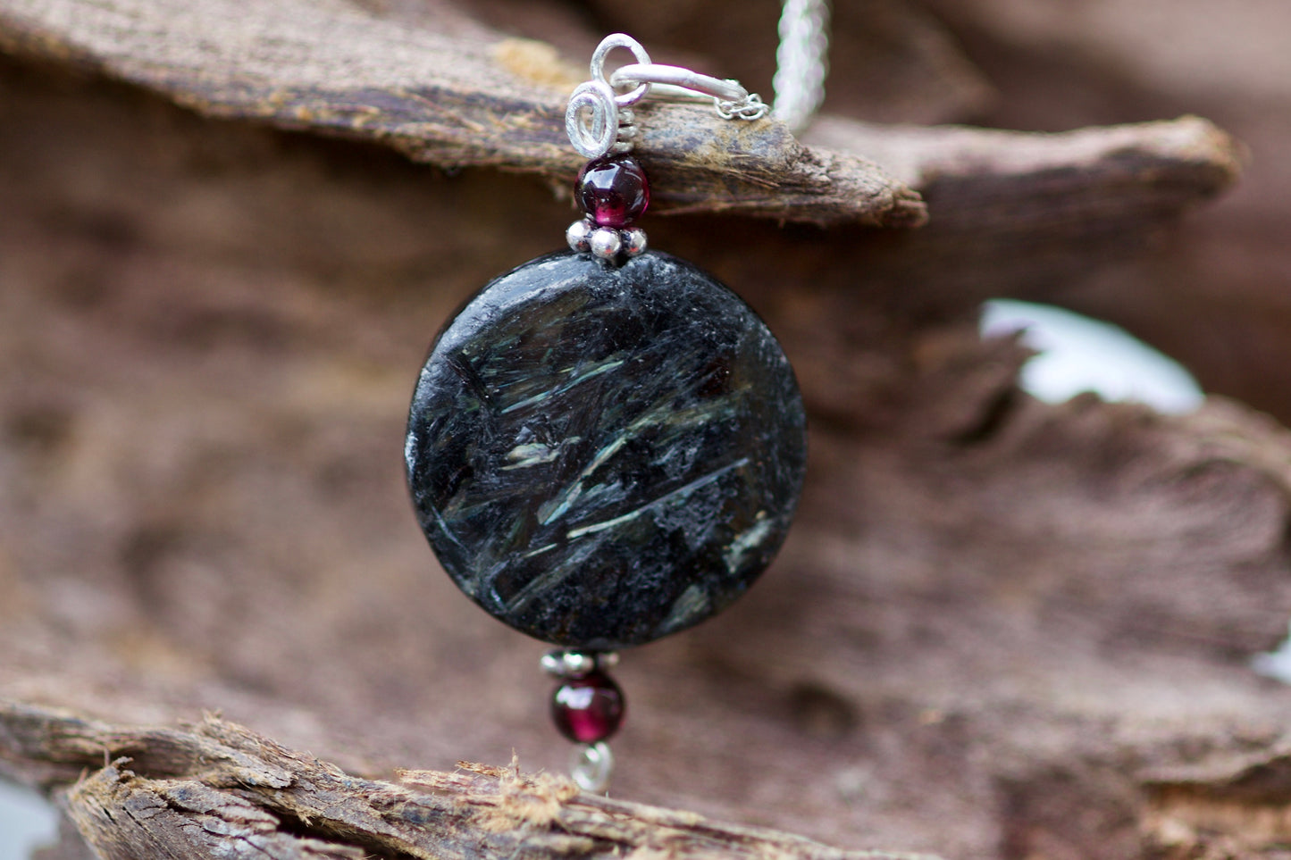 Hypersthene, Garnet, and Sterling Silver Pendant Necklace