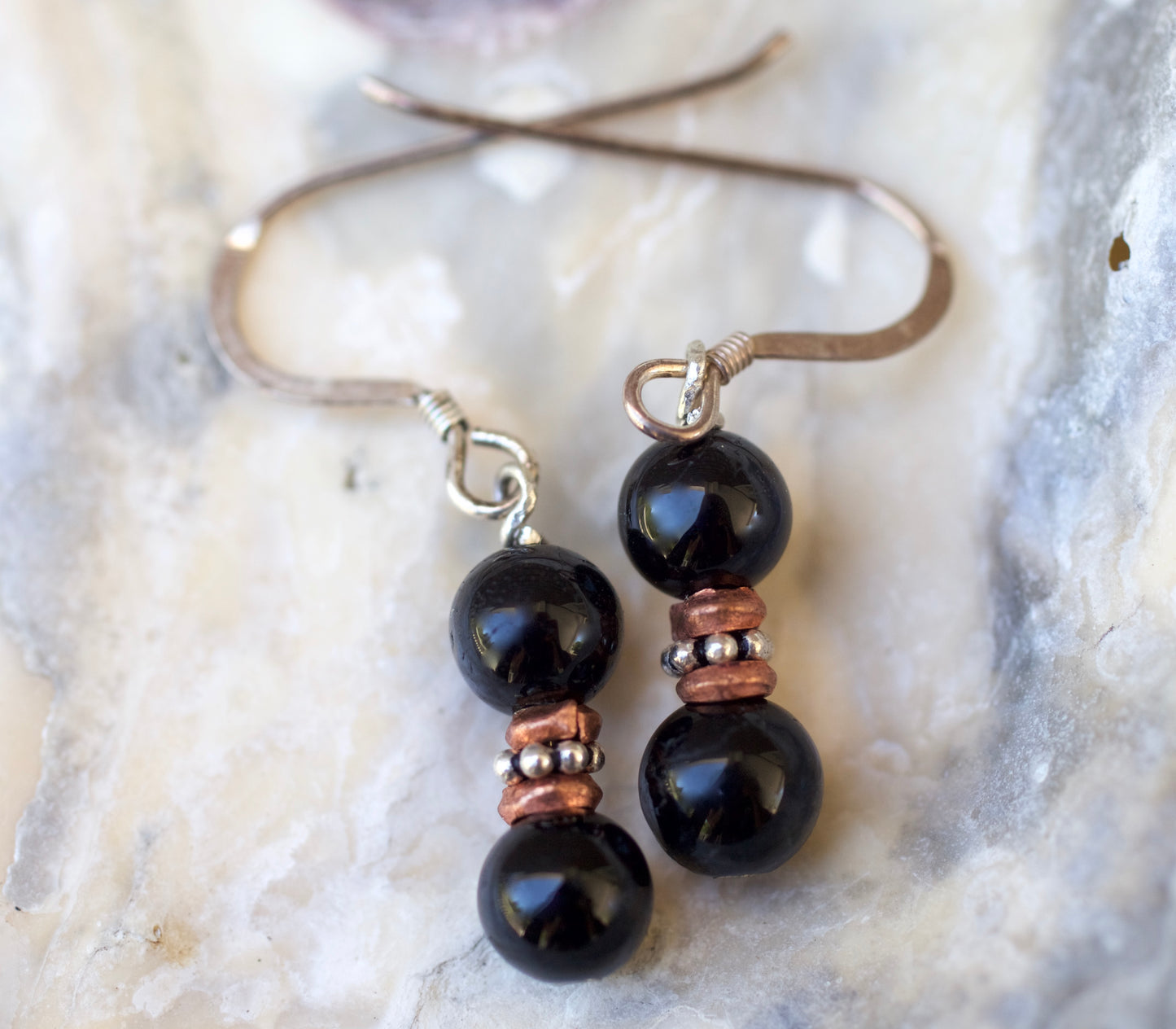 Black Onyx, Copper, and Sterling Silver Earrings
