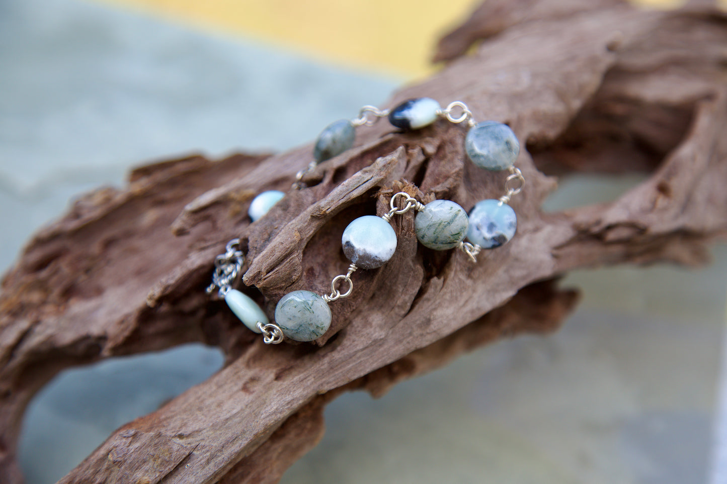 Sale! Pyrite in Amazonite, Tourmalinated Quartz, and Sterling Silver Bracelet, to fit a 7.5 inch wrist