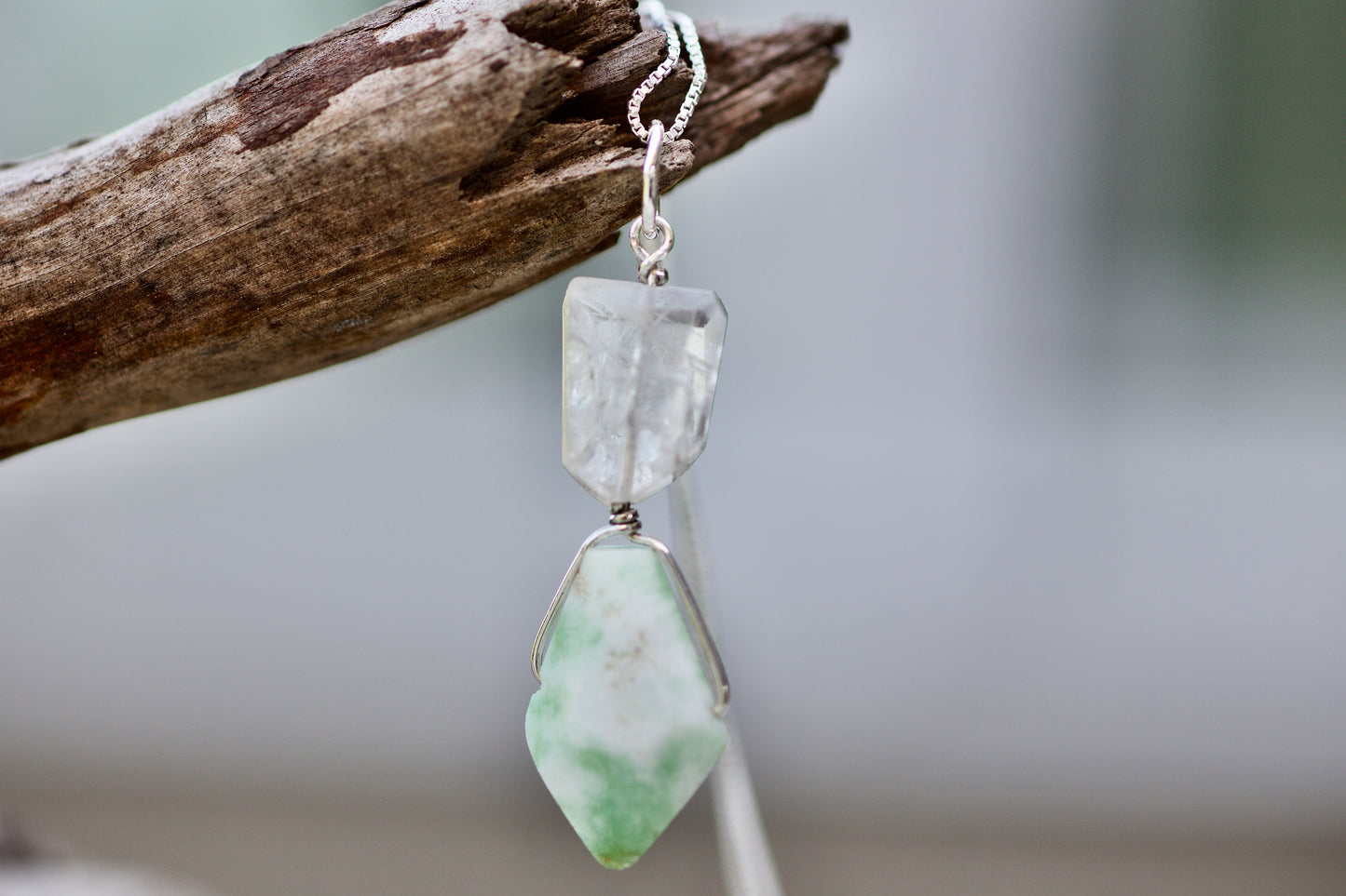 Rainbow Moonstone, Chrysoprase, and Sterling Silver Pendant Necklace