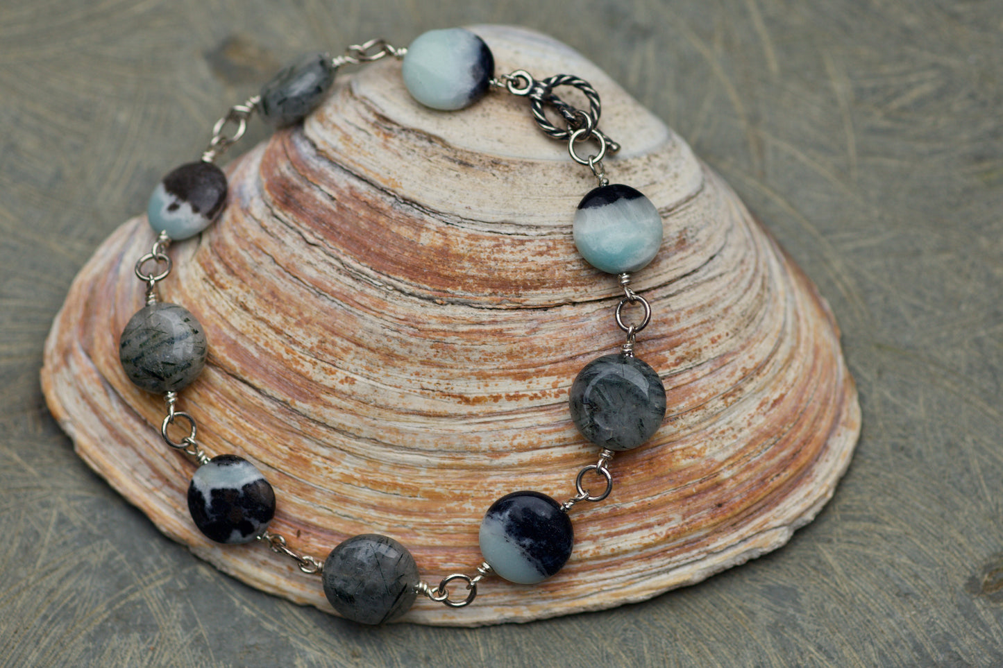 Sale! Pyrite in Amazonite, Tourmalinated Quartz, and Sterling Silver Bracelet, to fit a 7.5 inch wrist