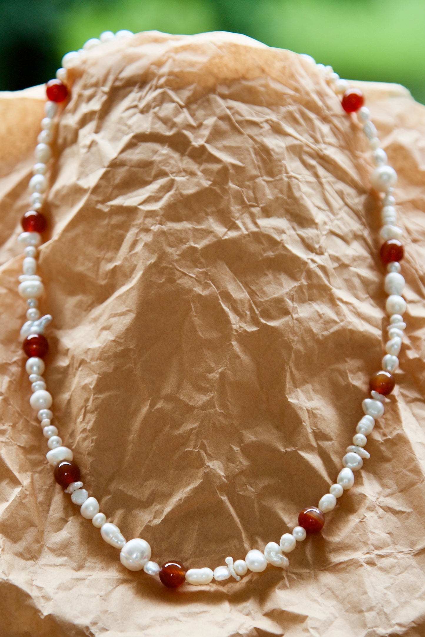 Freshwater Pearl, Carnelian, and Sterling Silver Necklace