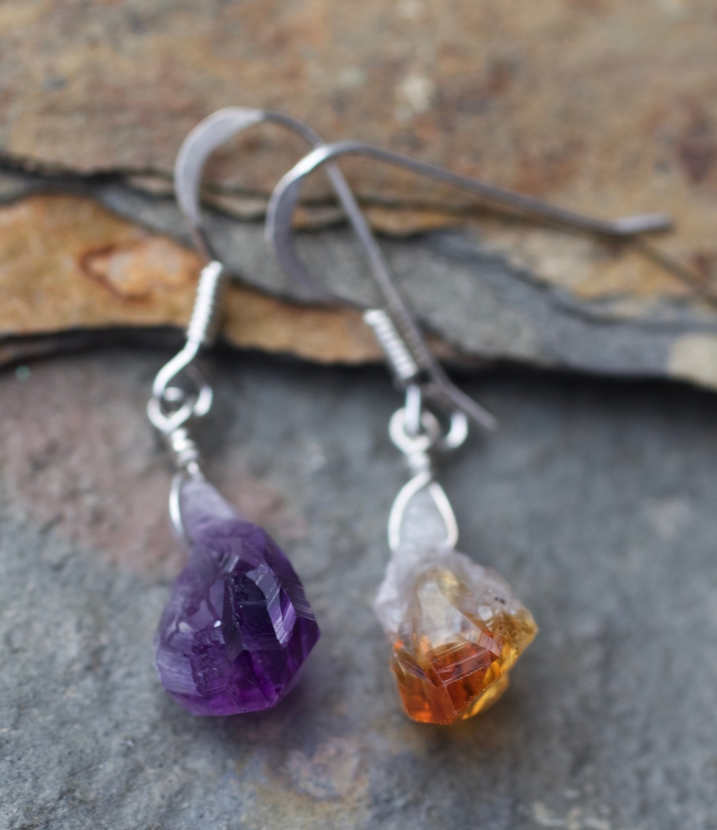 One of Each: Tiny Raw Amethyst Crystal Point, Tiny Raw Citrine Crystal Point, and Sterling Silver Non-Matching Earrings