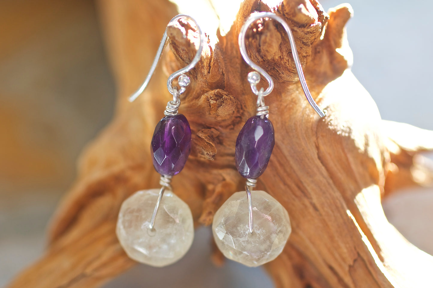 Amethyst, Colorless Calcite, and Sterling Silver Earrings