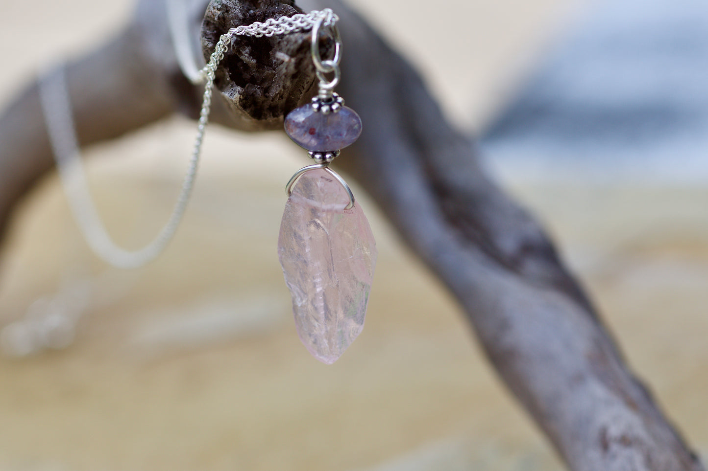 Iolite, Rose Quartz, and Sterling Silver Pendant Necklace