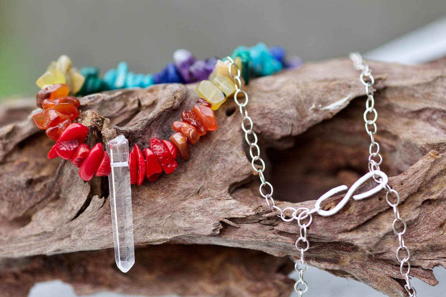 Rainbow / Pride / Chakra Stones, Clear Quartz Dow Crystal, and Sterling Silver Adjustable Length Necklace