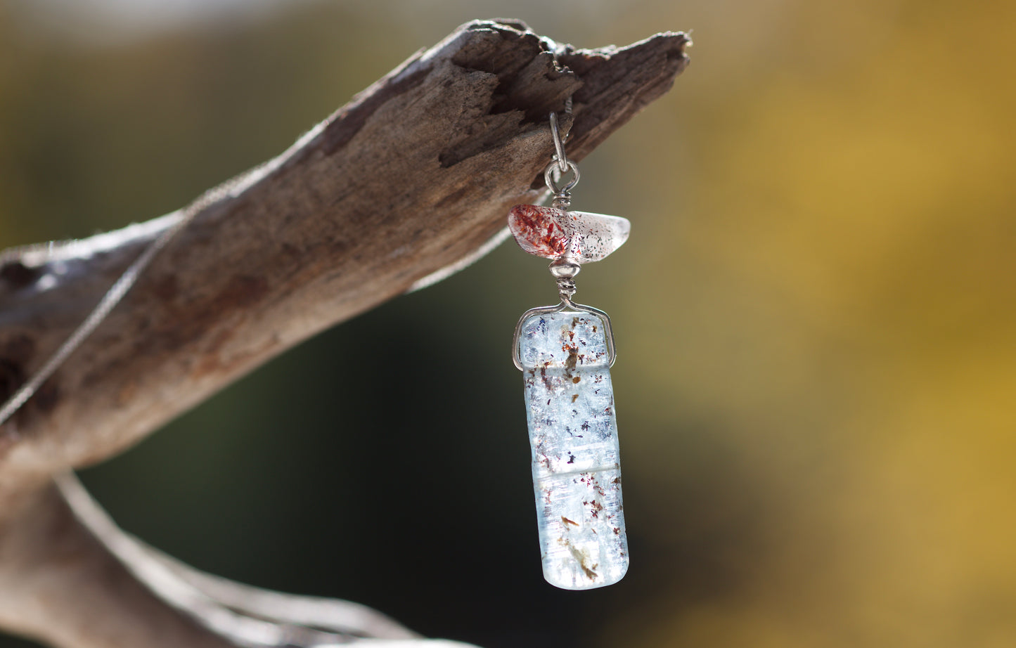 Harlequin /Fire/ Lepidocrosite Quartz, Blue Kyanite, and Sterling Silver Pendant Necklace
