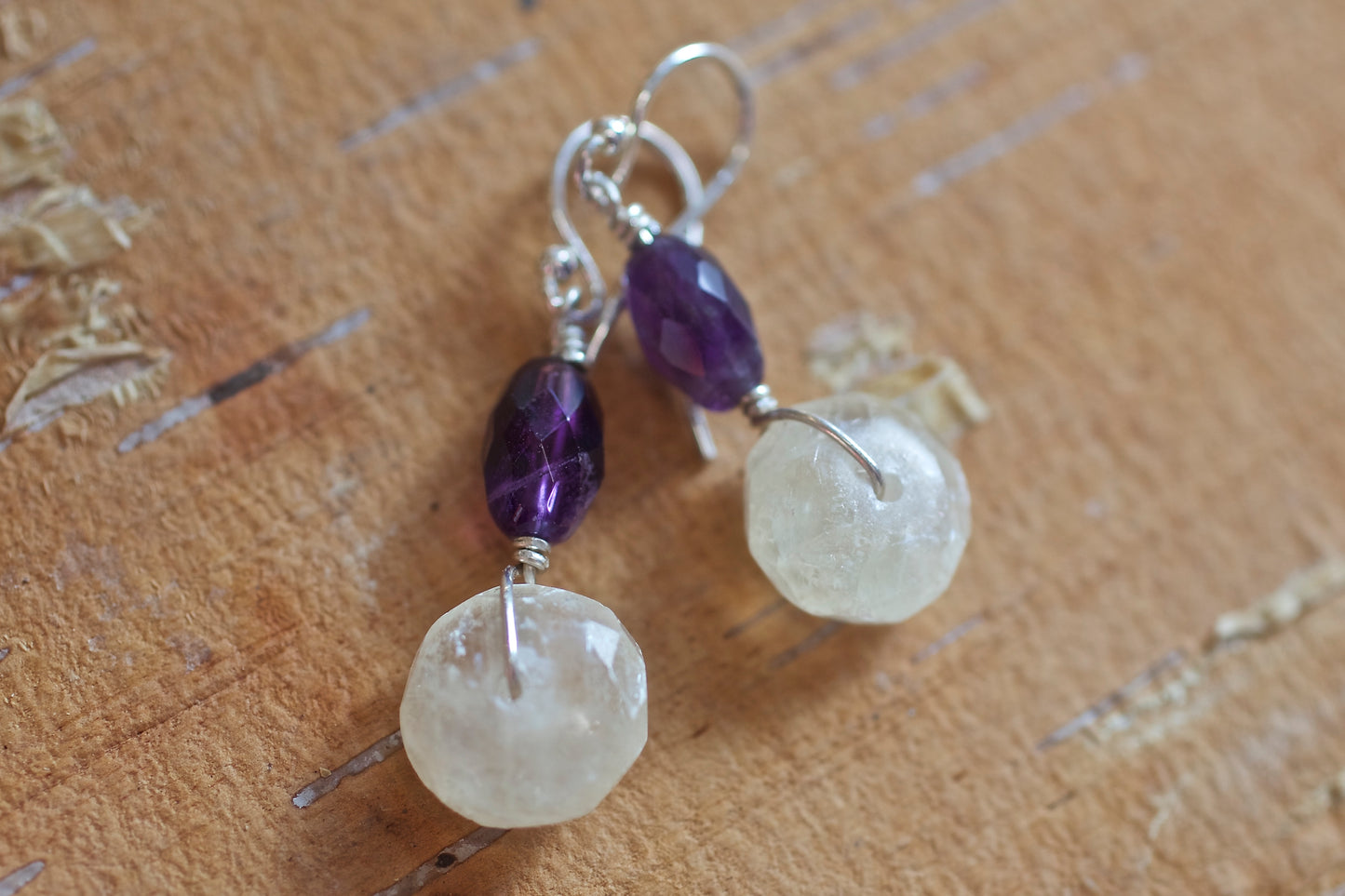 Amethyst, Colorless Calcite, and Sterling Silver Earrings