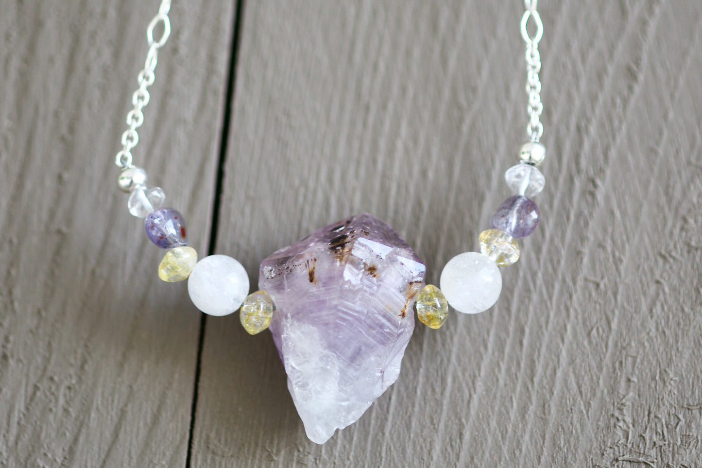 Amethyst Crystal Point with Inclusions, Clear Quartz, Milky Quartz, Iolite, and Sterling Silver Necklace