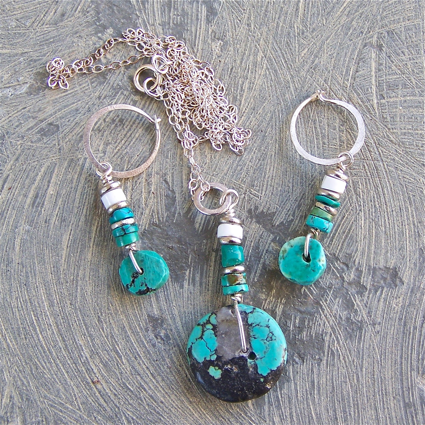 Turquoise, White Howlite, Nickel, Sterling Silver Hoop Earrings and Pendant Set