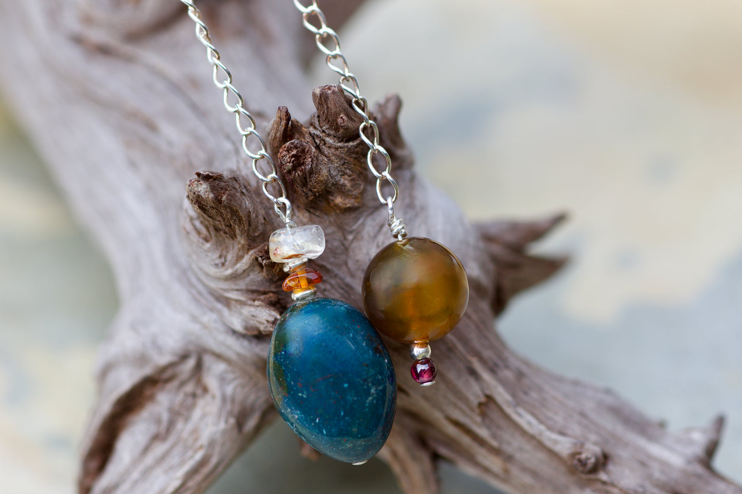 Rutilated Quartz, Amber, Bloodstone, Yellow Opal, Garnet, and Sterling Silver Double-sided Pendulum