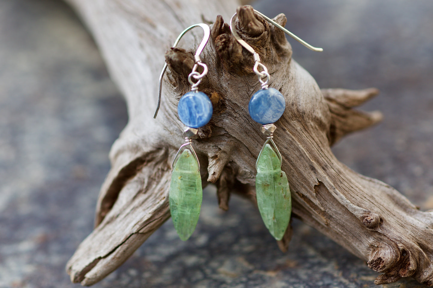 Blue Kyanite, Green Kyanite, and Sterling Silver Earrings