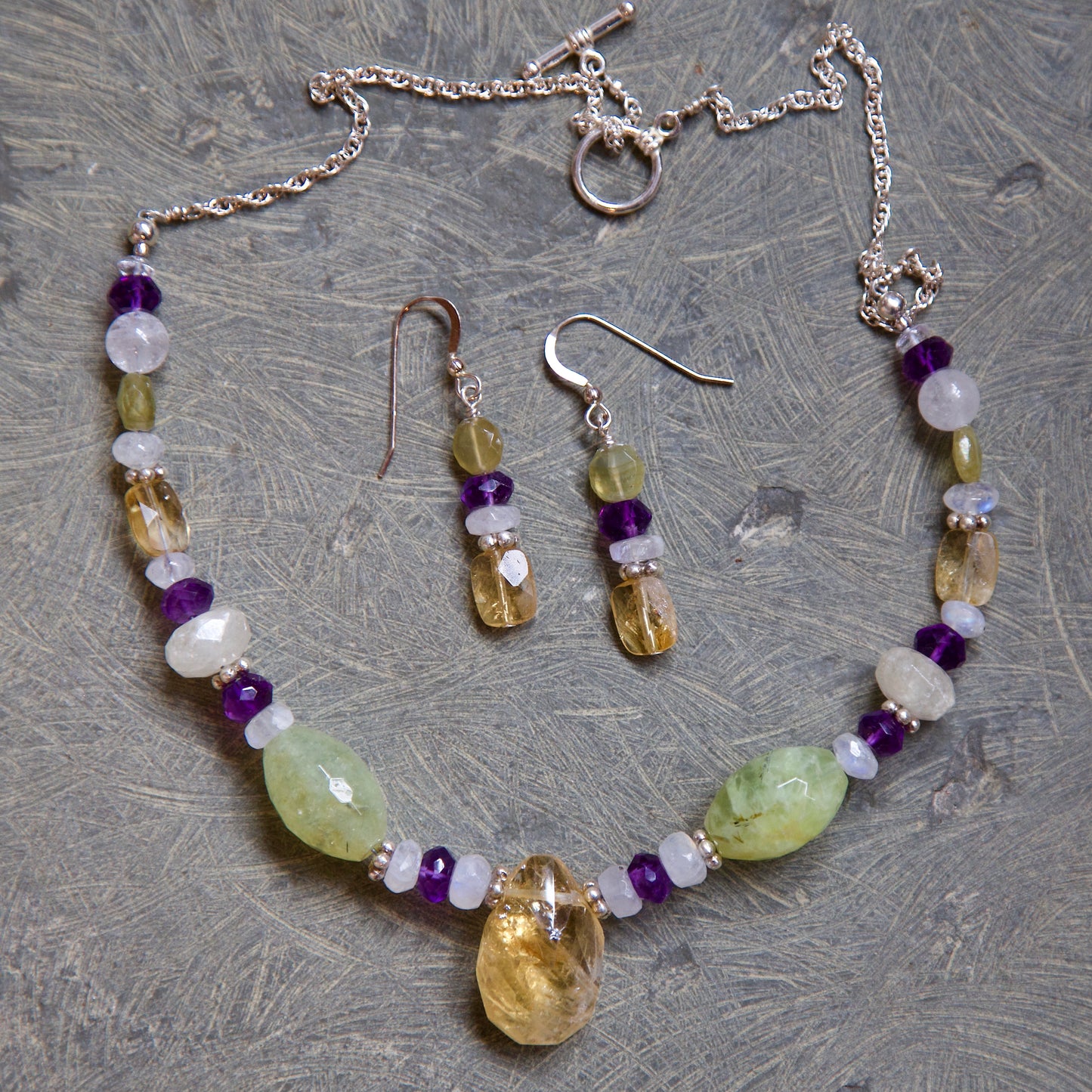 Citrine, Prehnite, Amethyst, Colorless Calcite, Rainbow Moonstone, Clear Quartz, and Sterling Silver Necklace and Earrings Set