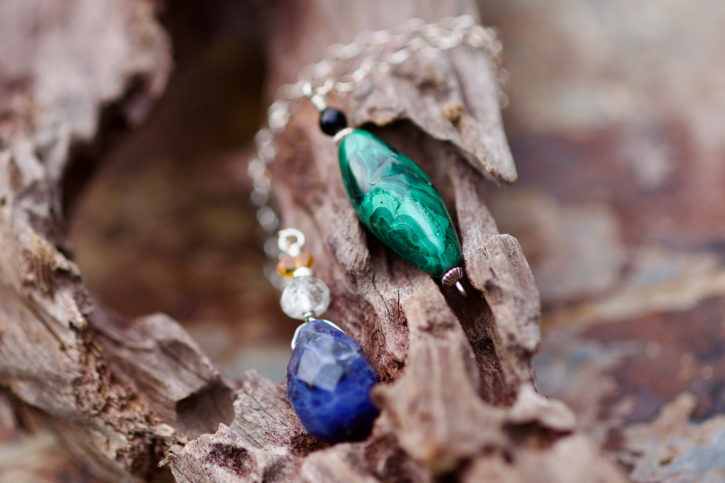 Amber, Clear Quartz, Sodalite, Obsidian, Malachite, and Sterling Silver Double-sided Pendulum