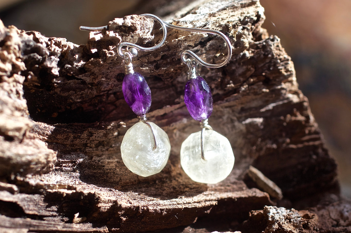 Amethyst, Colorless Calcite, and Sterling Silver Earrings