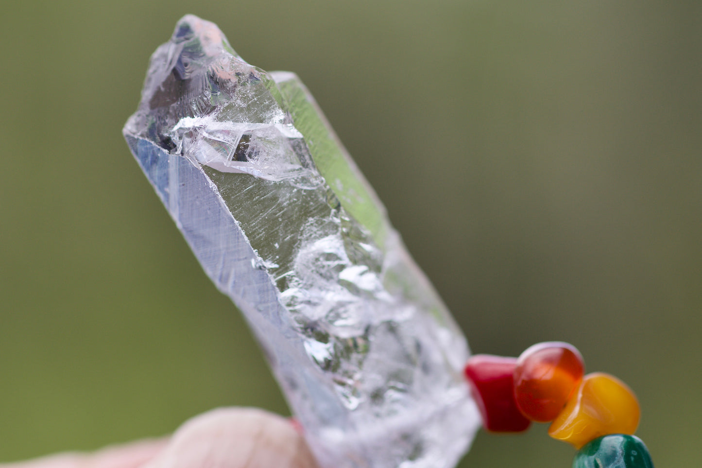 Rainbow / Pride / Chakra Stones and Clear Quartz Warrior Crystal, Sterling Silver, and Leather Necklace