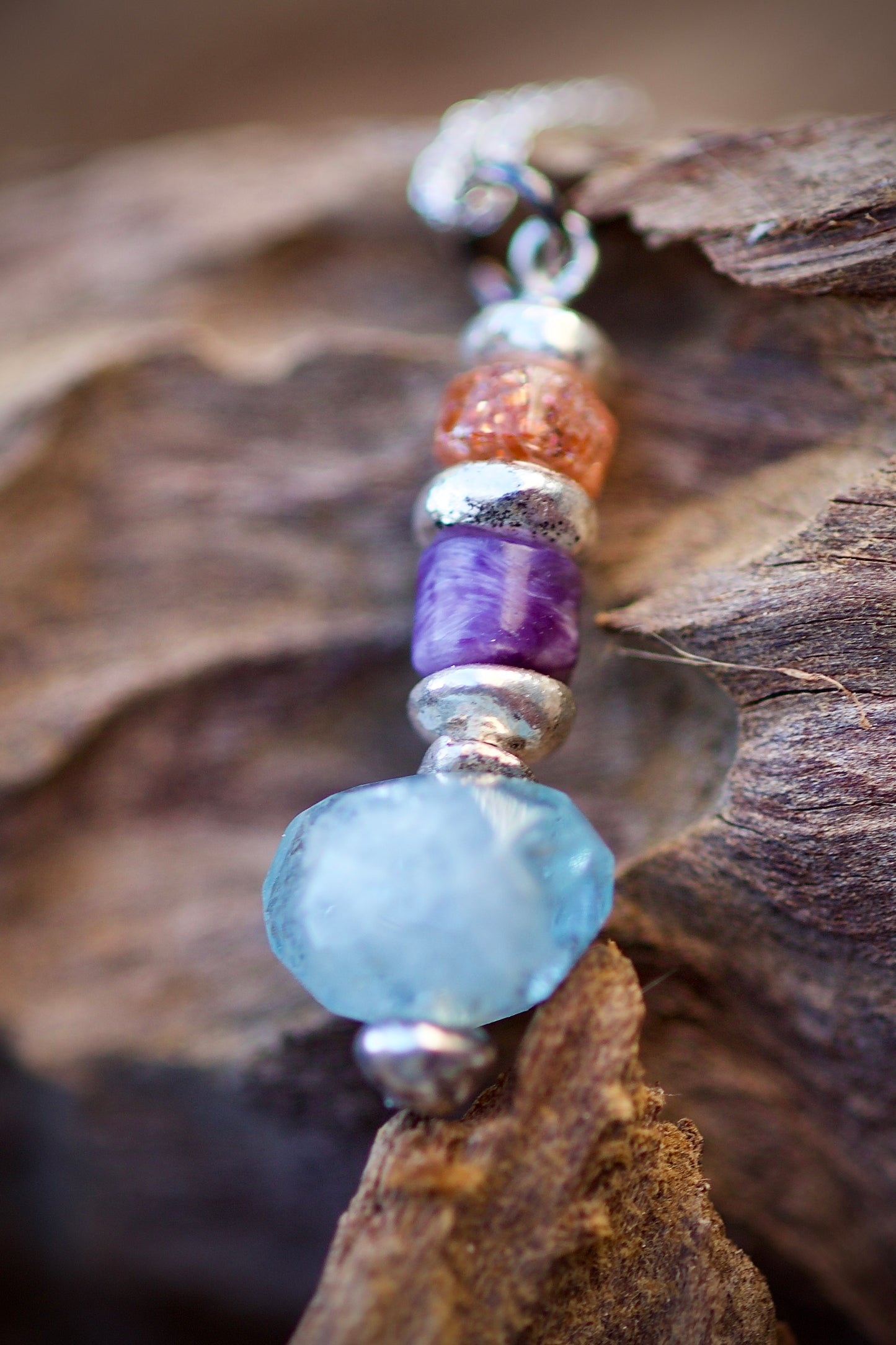 Sunstone, Charoite, Aquamarine, Thai and Sterling Silver Pendant Necklace