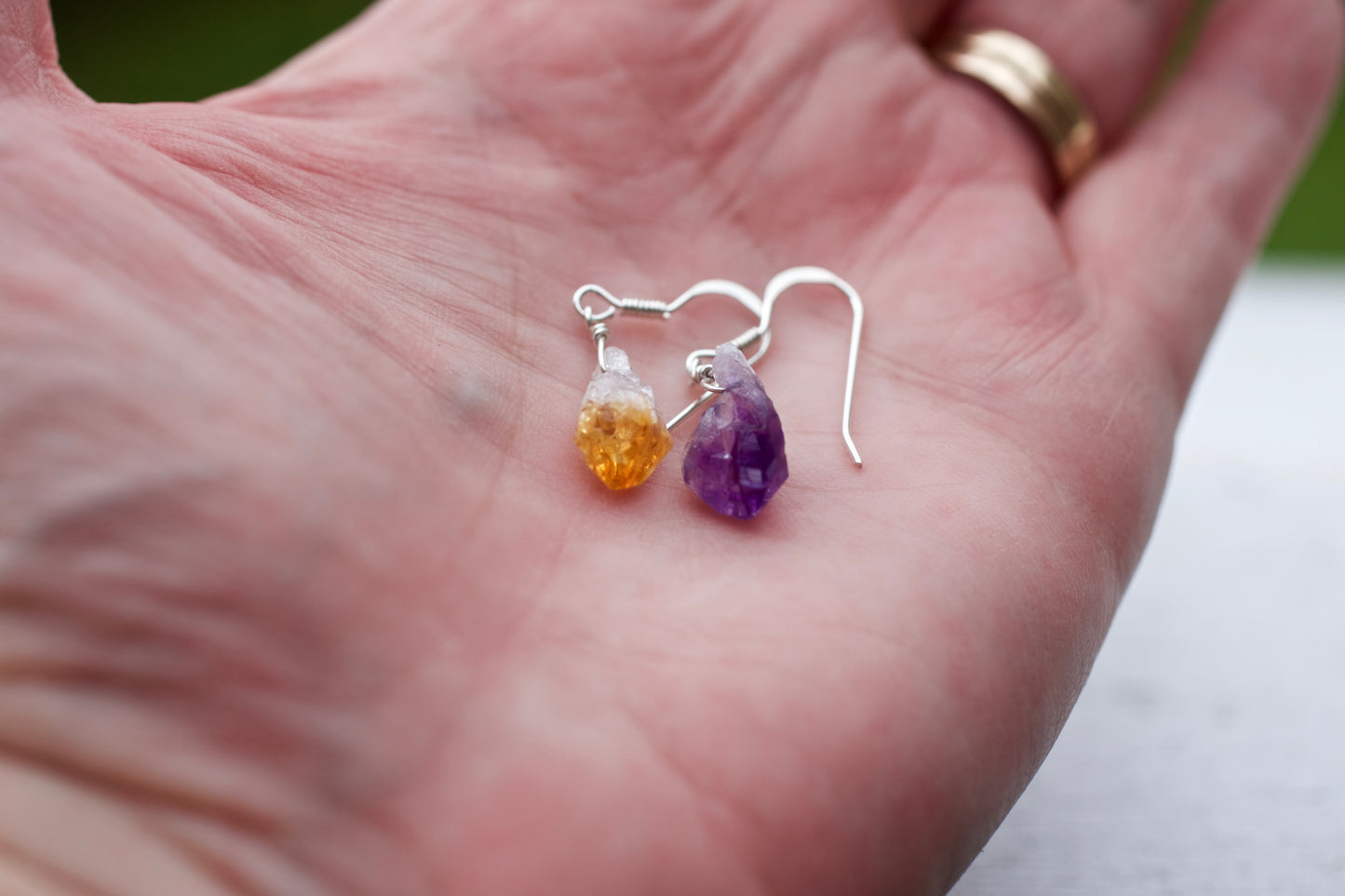 One of Each: Tiny Raw Amethyst Crystal Point, Tiny Raw Citrine Crystal Point, and Sterling Silver Non-Matching Earrings