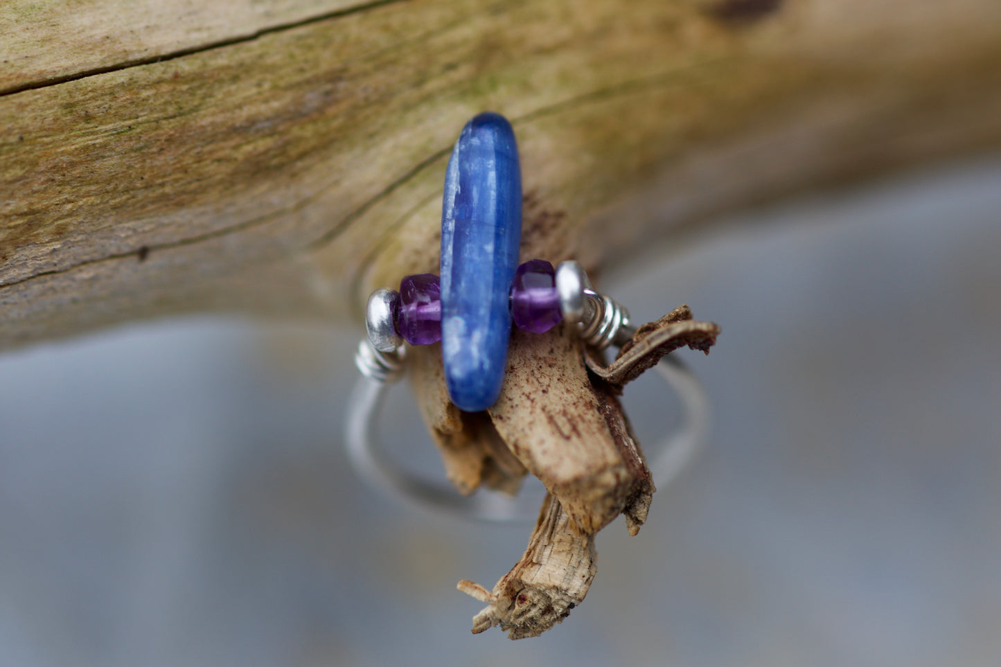 Blue Kyanite, Amethyst, and Sterling Silver Wire Ring, size 4.25