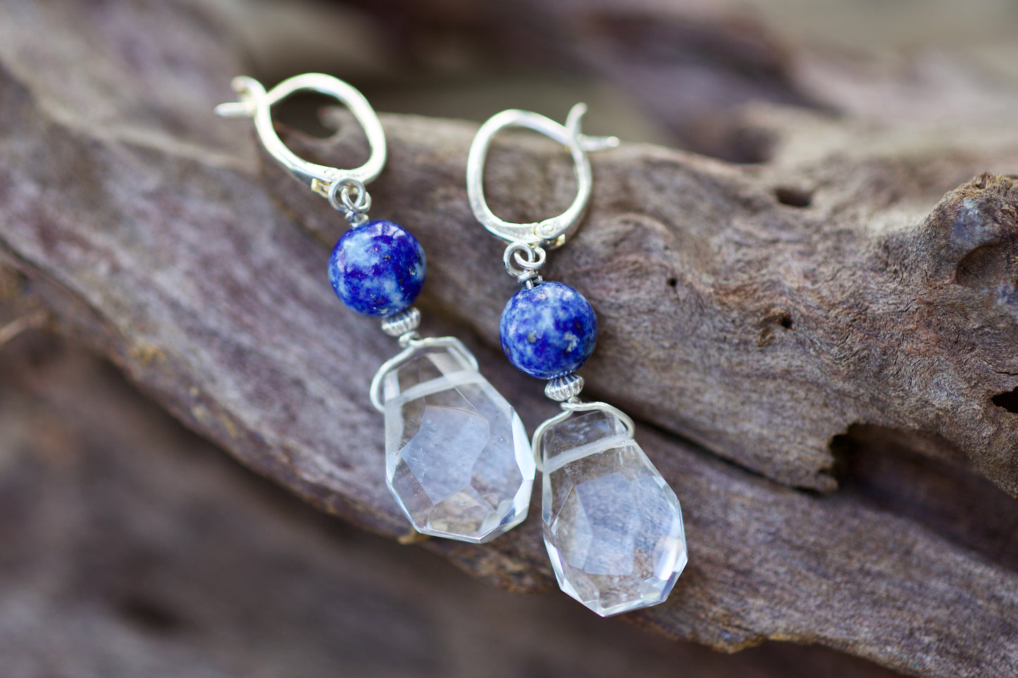 Lapis Lazuli, Faceted Clear Quartz, and Sterling Silver Earrings