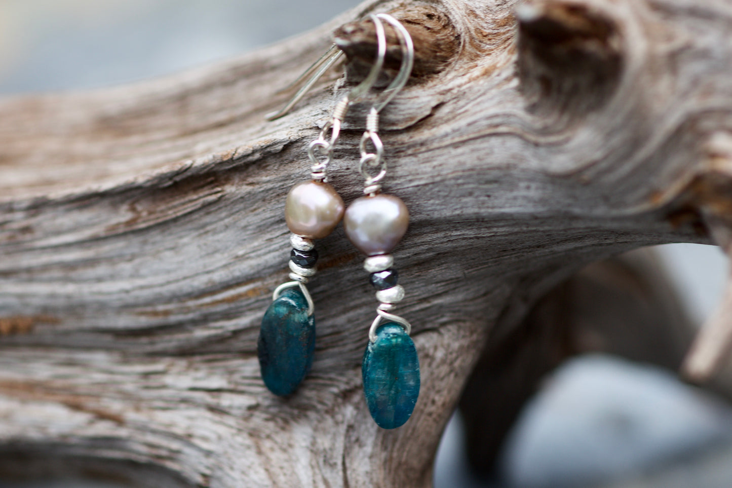 Lavender Freshwater Pearl, Hematite, Blue Apatite, and Sterling Silver Earrings