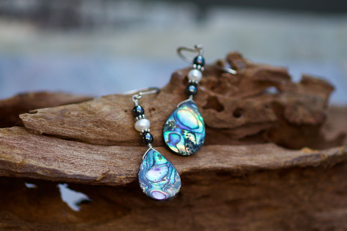 Hematite, Freshwater Pearl, Abalone, and Sterling Silver Earrings