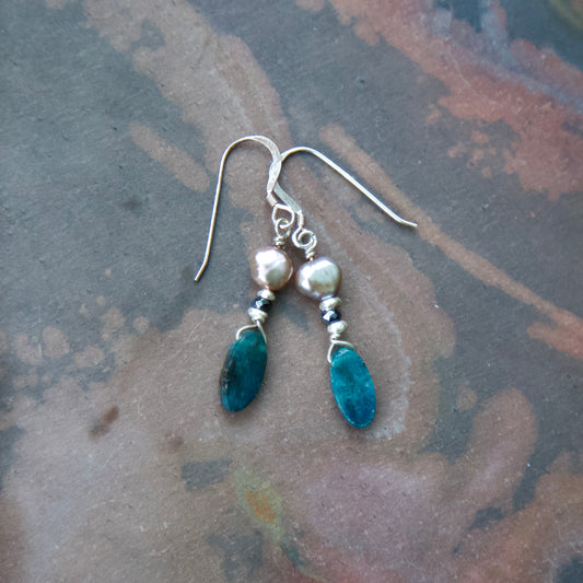 Lavender Freshwater Pearl, Hematite, Blue Apatite, and Sterling Silver Earrings