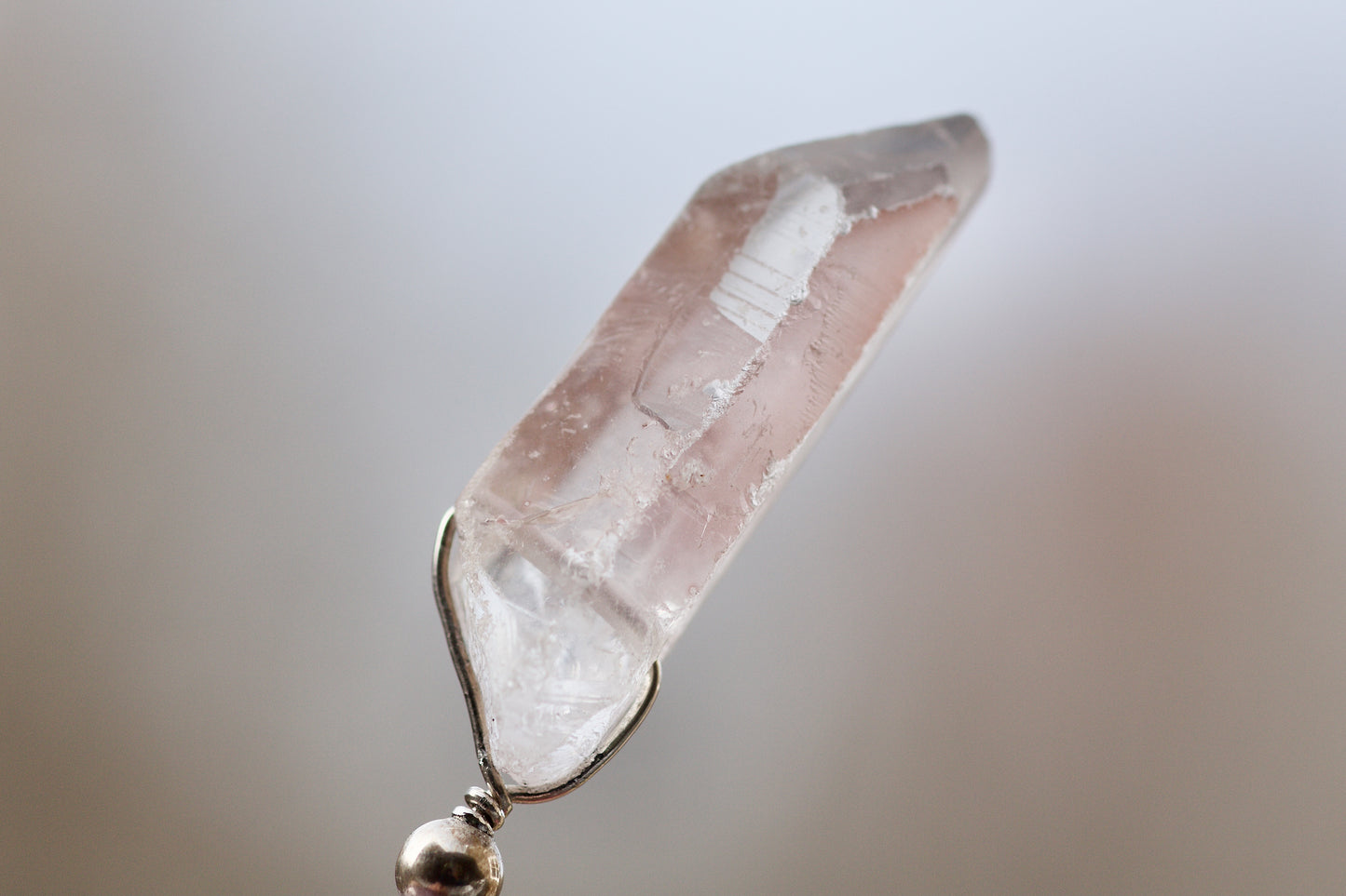 Clear Quartz Shovel Crystal with Pink Mineral Coating, Rainbow, and Future Time Link, Kunzite, and Sterling Silver Pendant Necklace