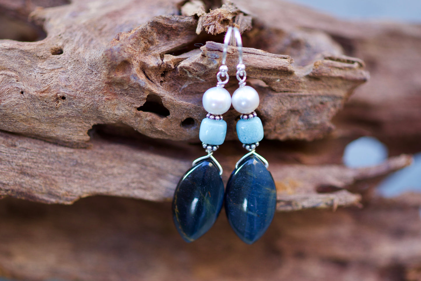 Hawk Eye (Blue Tiger Eye), Larimar, Freshwater Pearl, and Sterling Silver Earrings