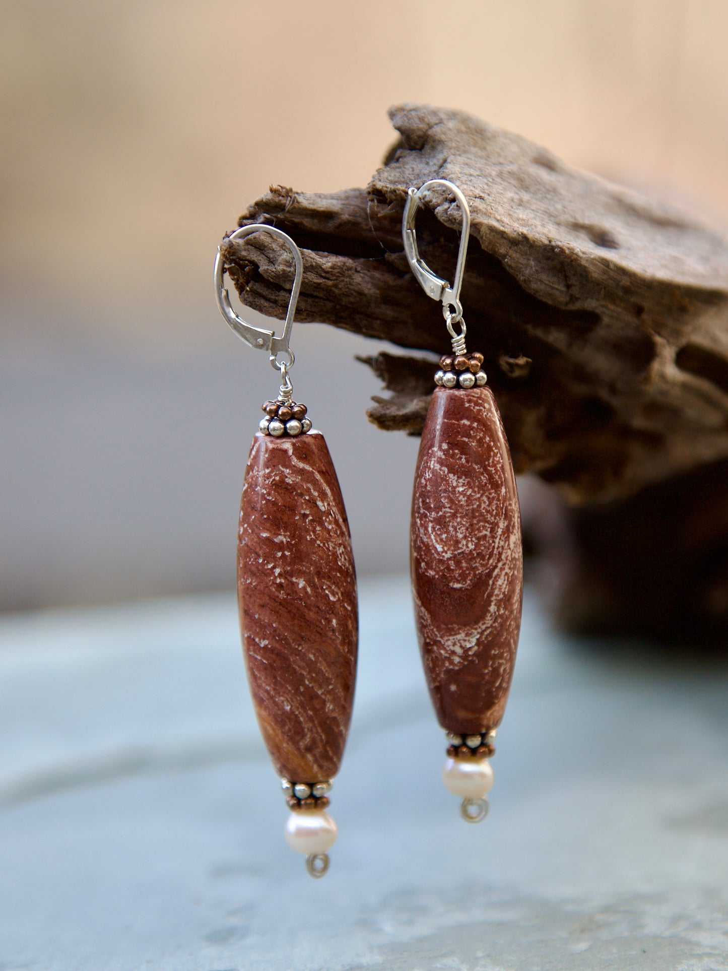 Red Jasper, Copper and Sterling Silver Lever Back Earrings