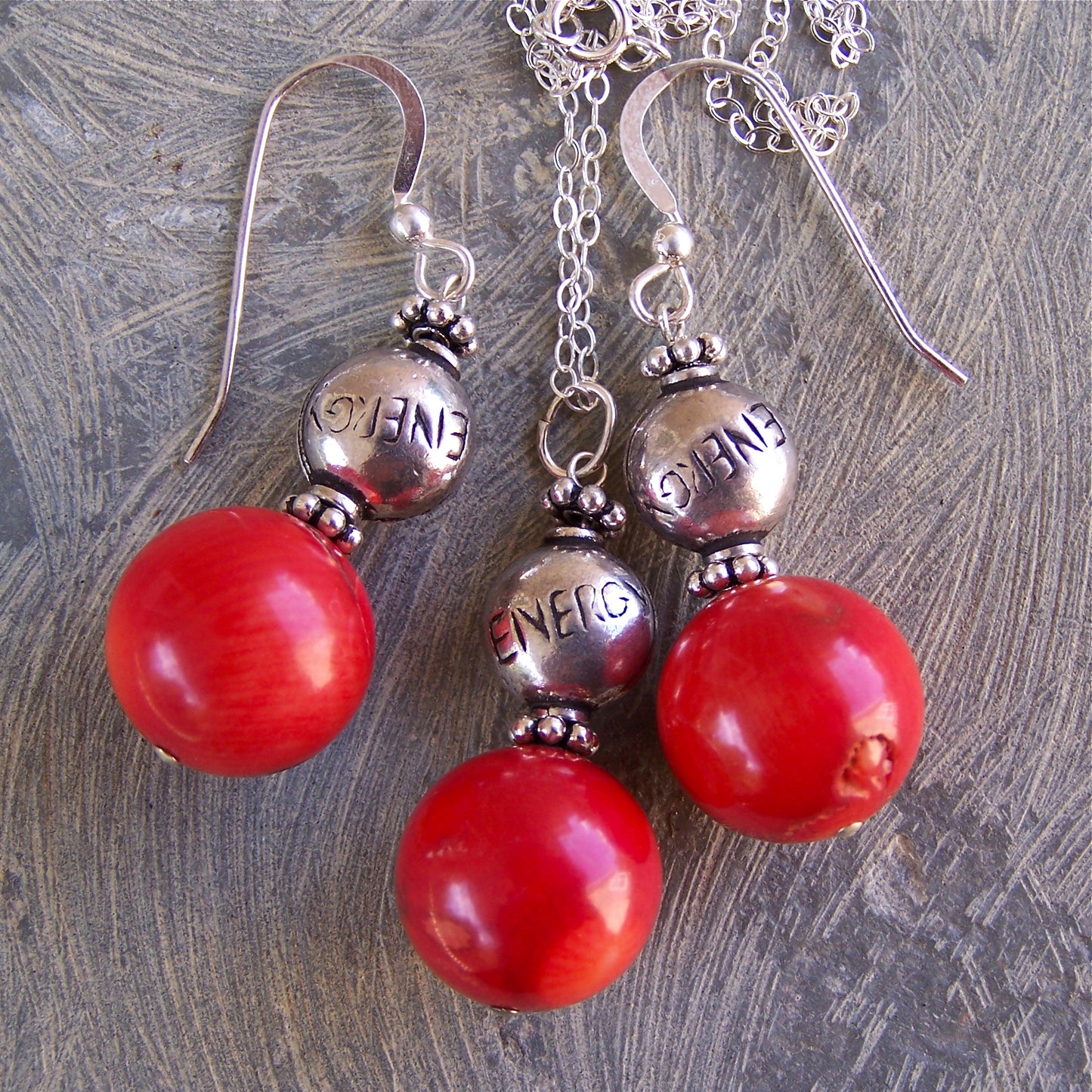 Sale! Red Coral, Sterling Silver "ENERGY" Affirmation Message Earrings and Pendant Set