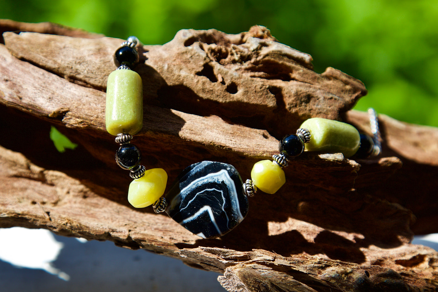 Black Banded Agate, Serpentine, Onyx, and Sterling Silver Necklace and Earrings Set