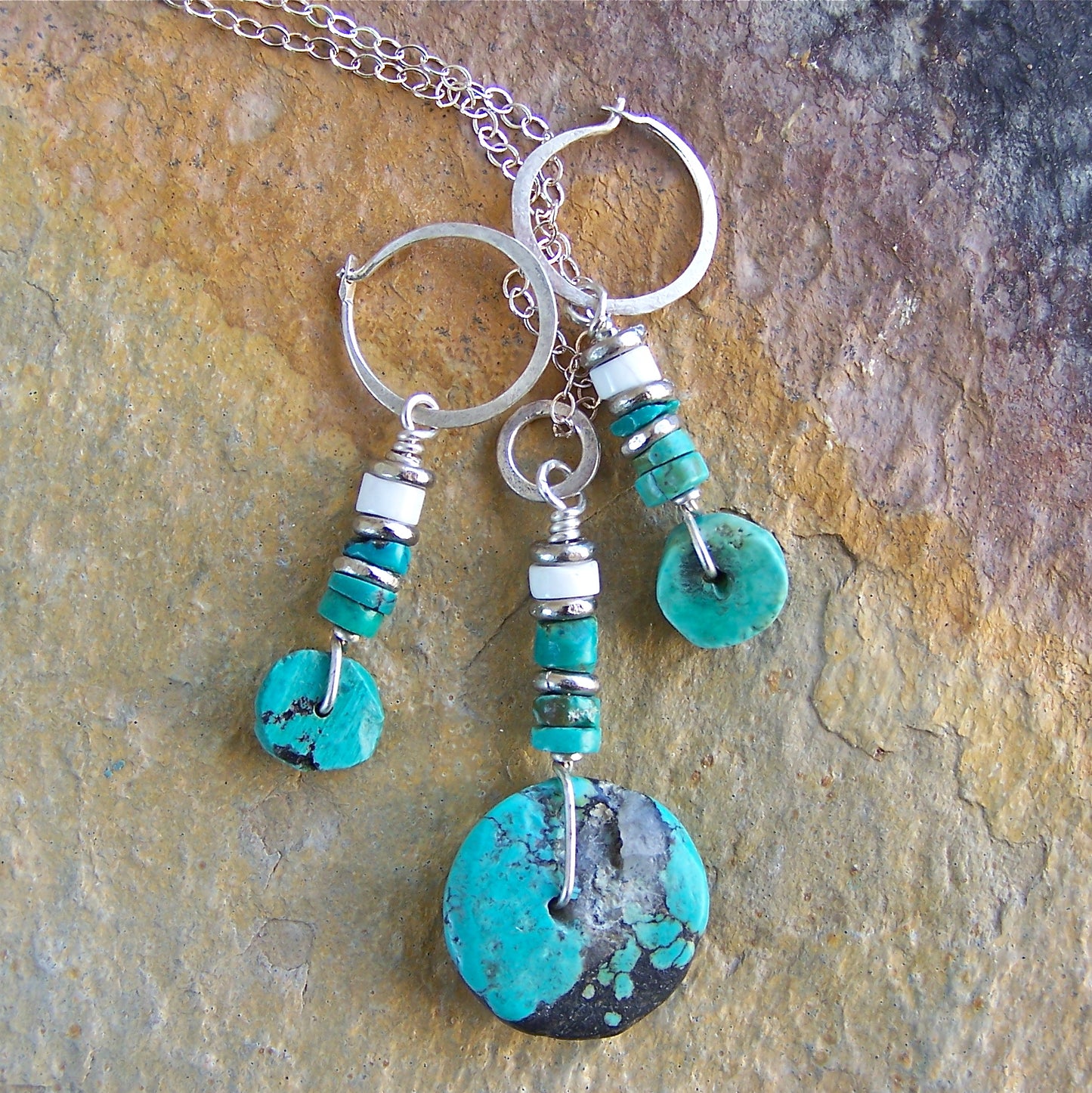 Turquoise, White Howlite, Nickel, Sterling Silver Hoop Earrings and Pendant Set