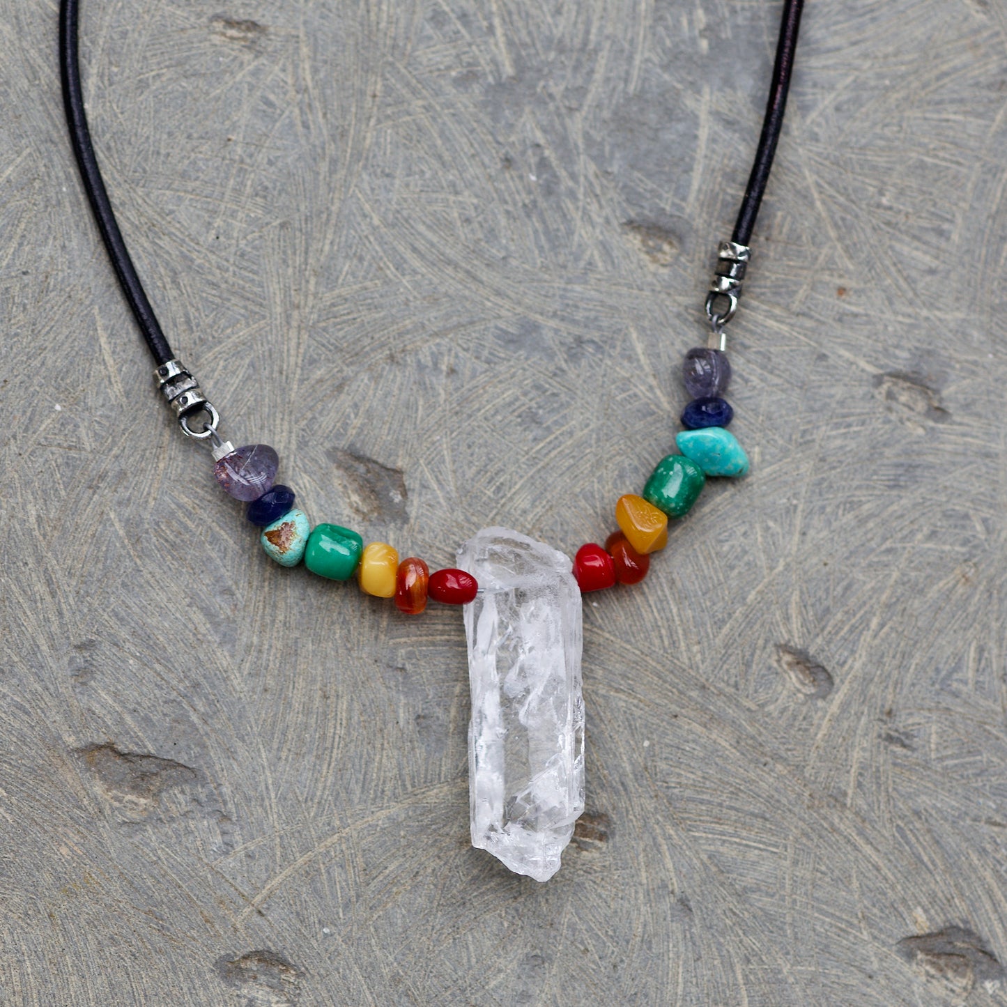 Rainbow / Pride / Chakra Stones and Clear Quartz Warrior Crystal, Sterling Silver, and Leather Necklace